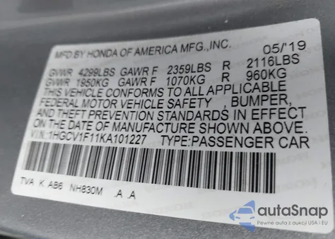 2019 Honda Accord Lx from USA, damaged, VIN 1HGCV1F11KA101227